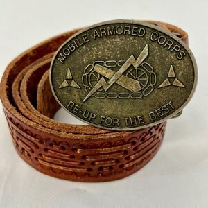 Vintage Mobile Armored Corps Belt Buckle Army Military‎ Tooled Leather Belt 42